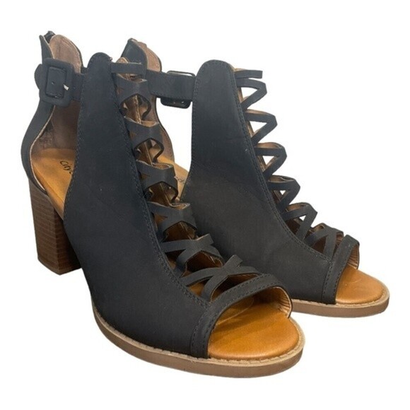 CITY Classified Women’s Strappy Booties Black with Chunky Heels Open Toe Size 11 - Picture 1 of 7
